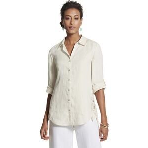 Beautiful Chicos Geometric Lace‎ Katie Shirt Beige Linen Size 1